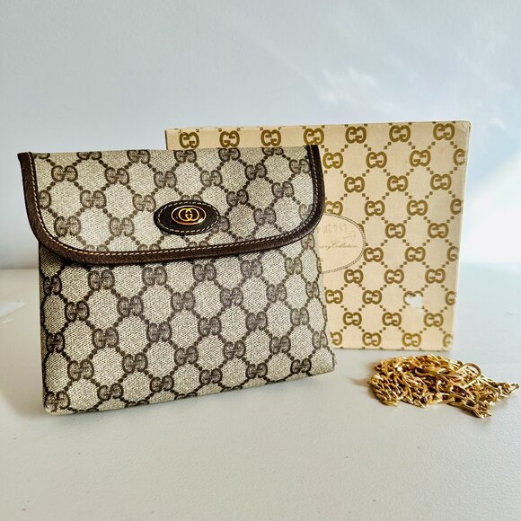 AUTHENTIC GUCCI SIGNATURE GG COATED CANVAS LEATHER TRIM COSMETIC POUCH VINTAGE - Picture 1 of 15